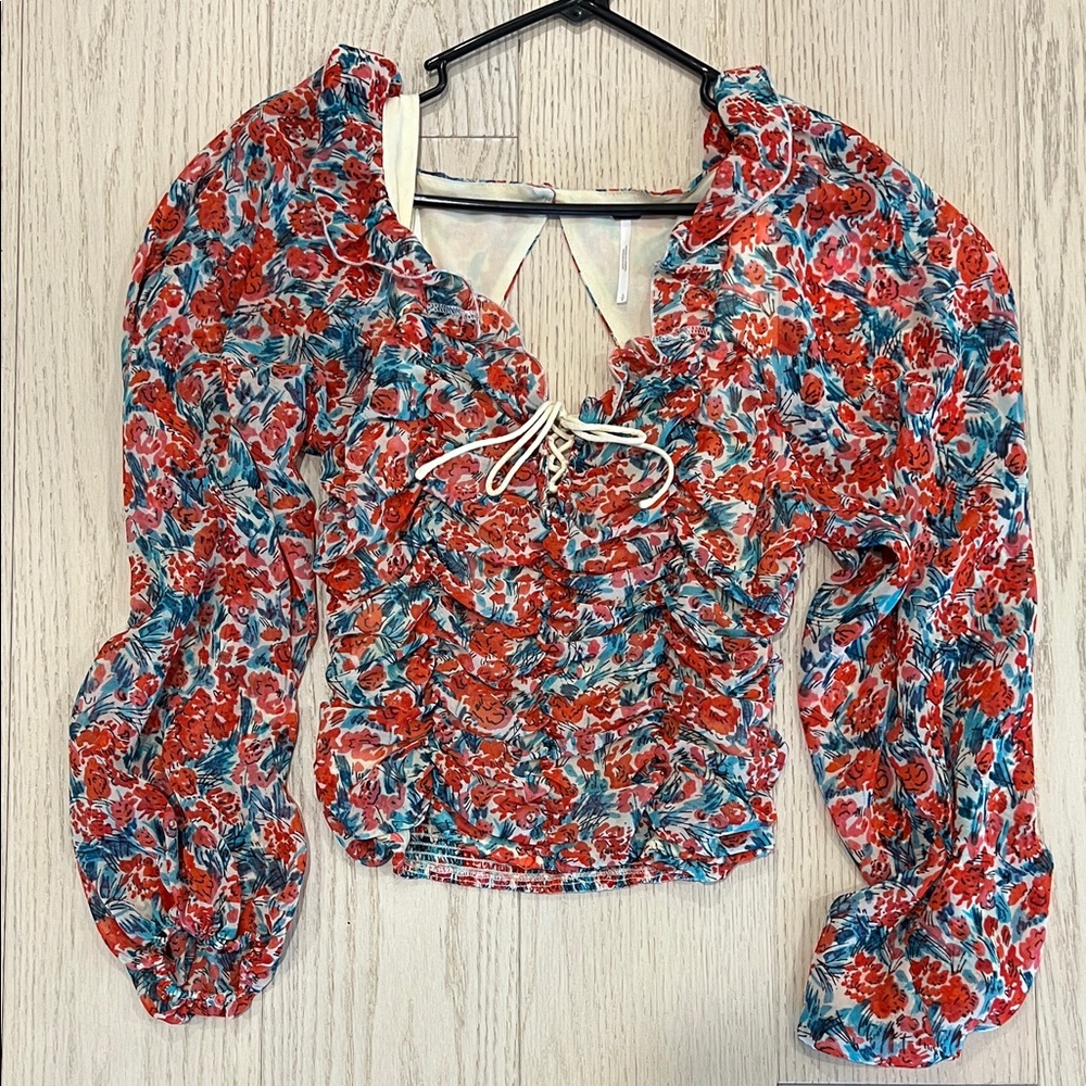 Free People Ruffle Blouse - Red and green